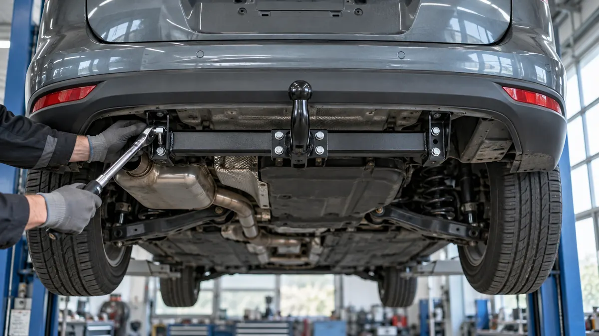 Mechaniker montiert eine Anhängerkupplung am Heck eines Kombis auf der Hebebühne