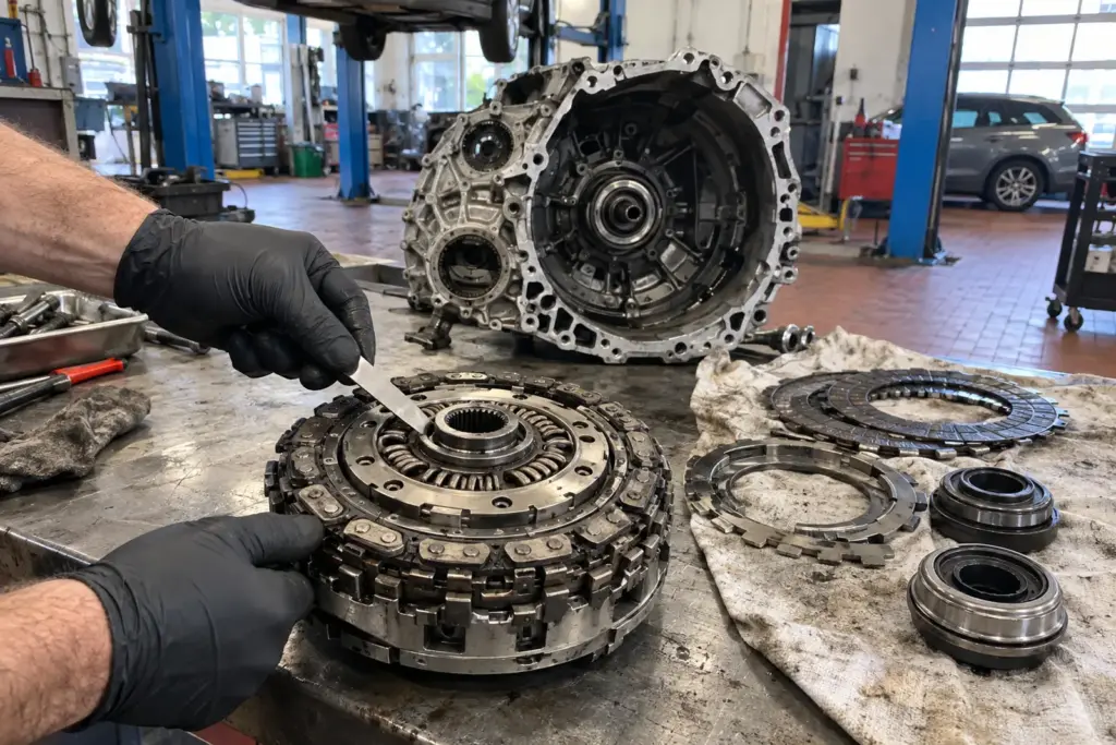 Ausgebaute Doppelkupplung neben dem geöffneten Getriebegehäuse, Hand mit Fühlerlehre, Kupplungsteile auf einem Tuch