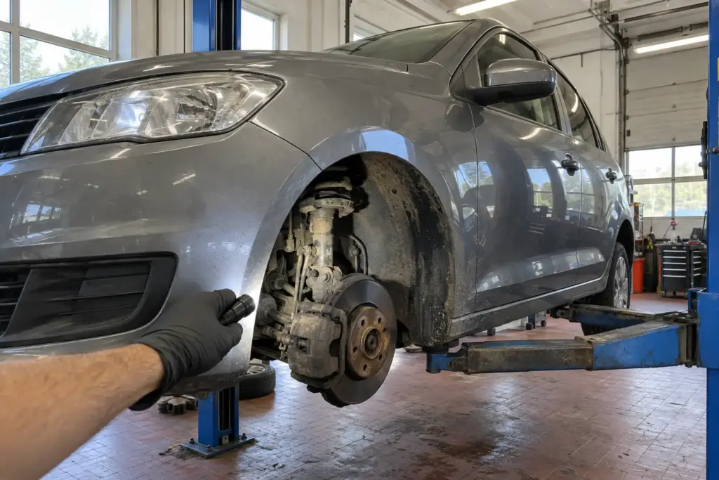 Auto leicht angehoben auf blauer Hebebühne, Rad abgenommen, Hand im Handschuh leuchtet in den Radkasten