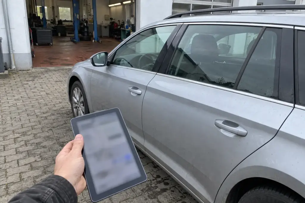 Hand mit Tablet neben einem silbernen Kombi auf dem gepflasterten Hof vor der Werkstatt