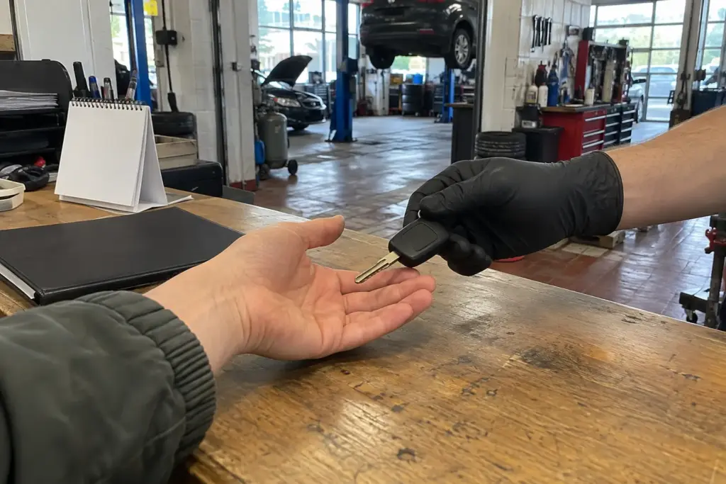Hand im Handschuh reicht einen Autoschlüssel über einen Holztresen, daneben Mappe und Tischkalender