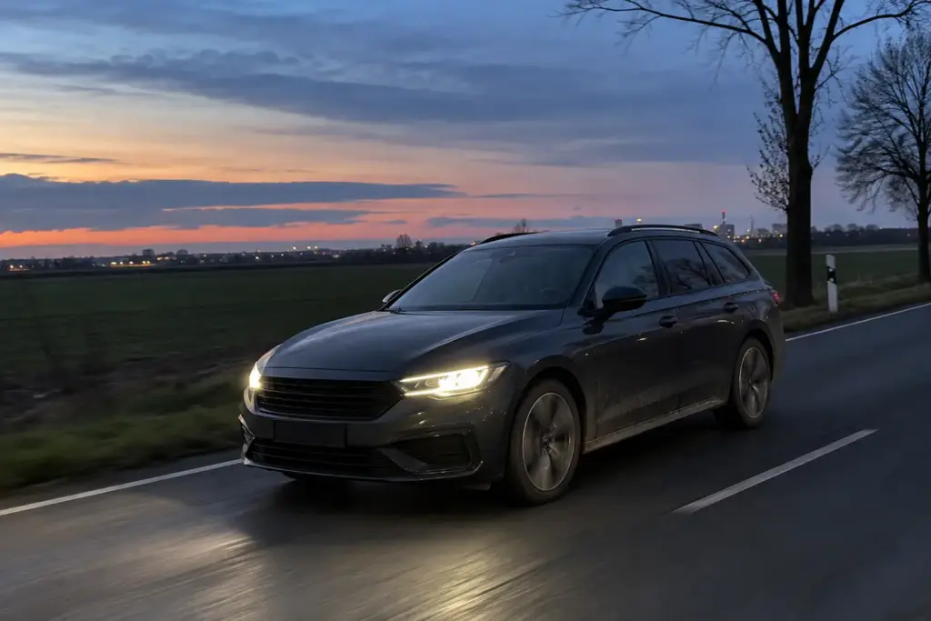 Dunkler Kombi mit eingeschaltetem Licht auf einer Landstraße in der Abenddämmerung, am Horizont Stadtlichter