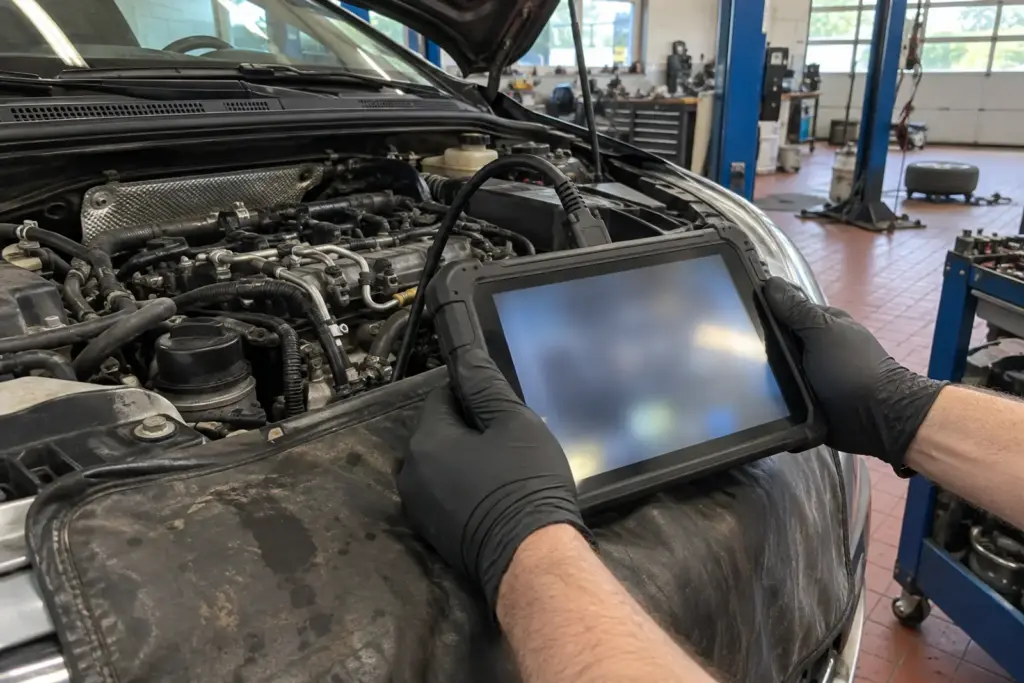 Hände halten ein Diagnosetablet, dessen Kabel in den geöffneten Motorraum führt, Schutzdecke auf dem Kotflügel